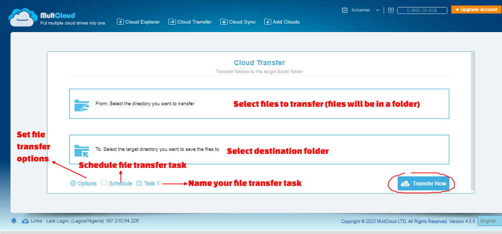 Multcloud - transfer files window