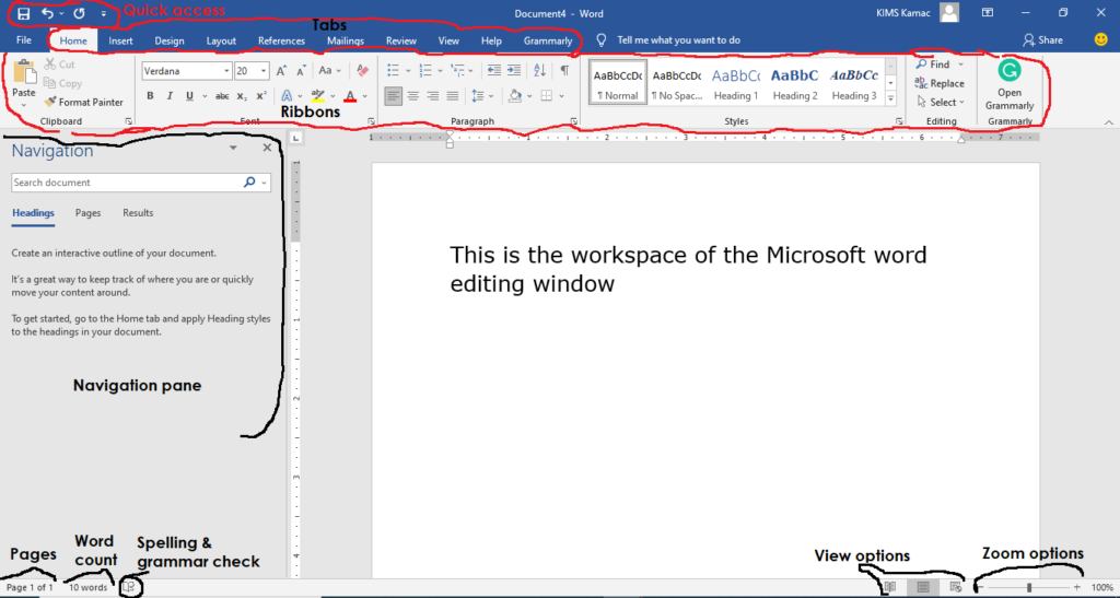 features of ms word window