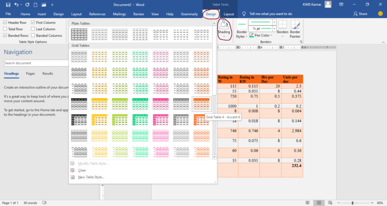 creating and formatting tables in MS Word