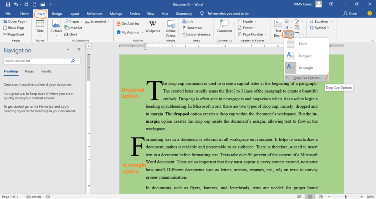 Formatting text in a document - adding drop cap