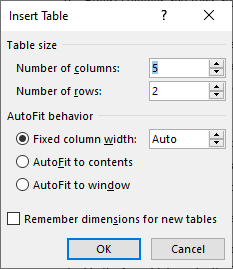 creating and formatting tables using insert table dialog box