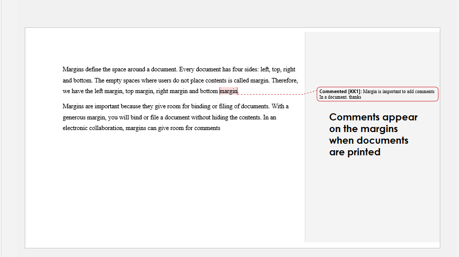 margins and comment - page layout preview