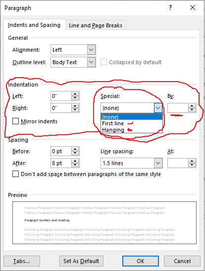 Applying indentation in word using a dialog box