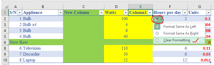 insert options in new columns/ rows