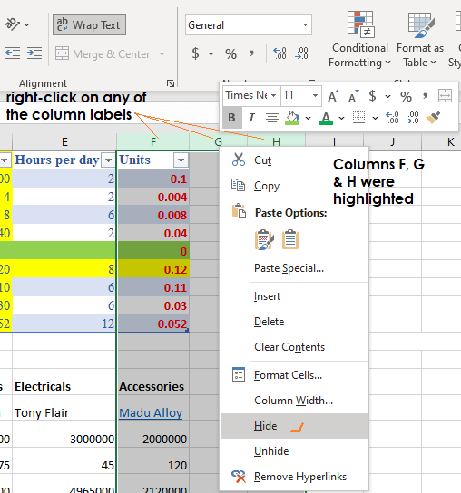 hide a column or row