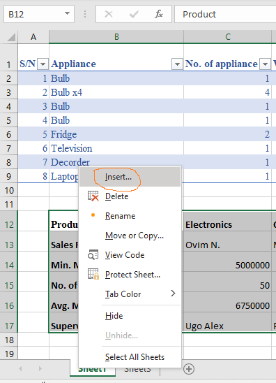 inserting a worksheet in excel