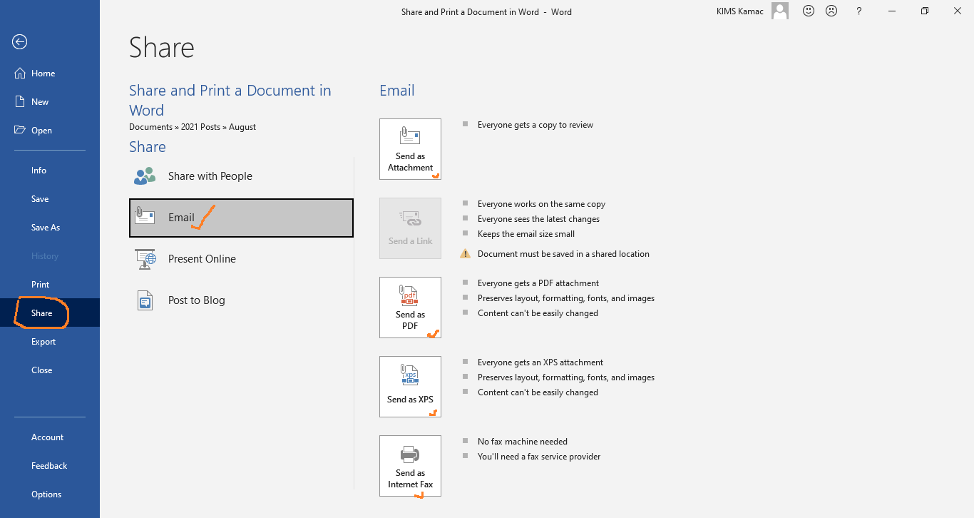 email options in word