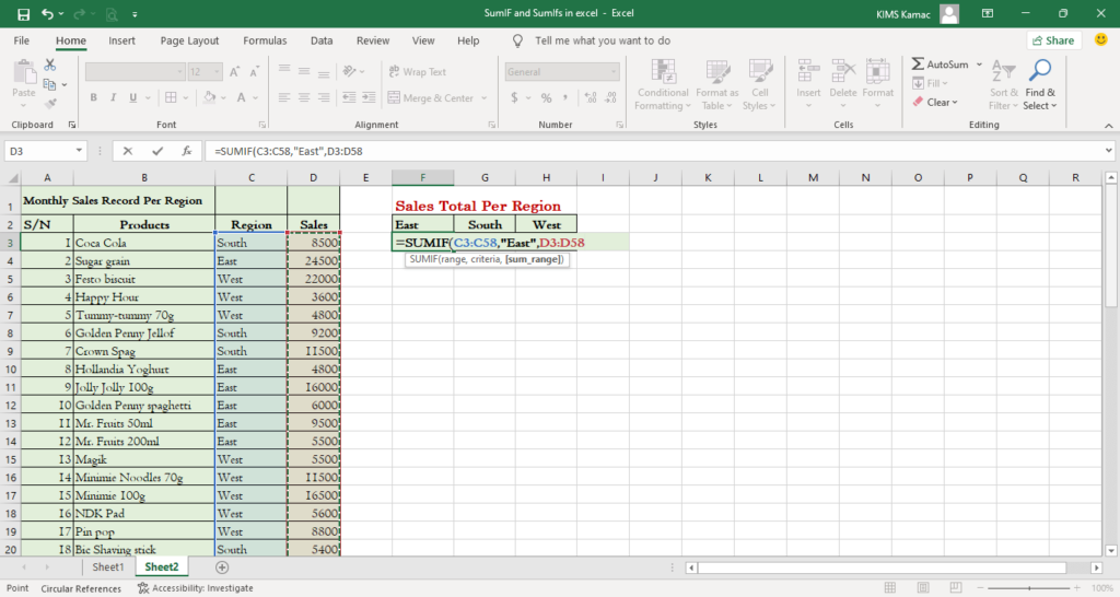 sumif in excel example