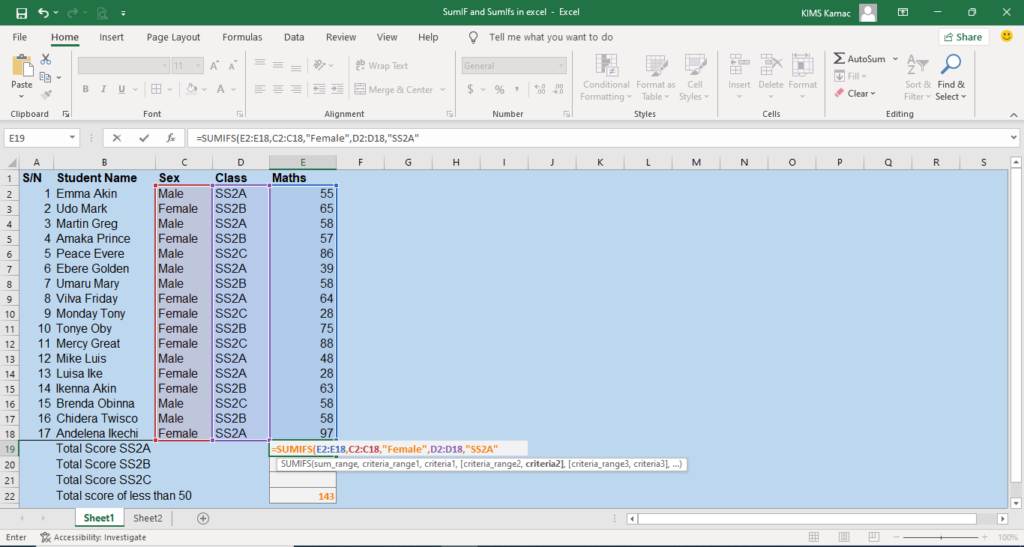 sumifs in excel