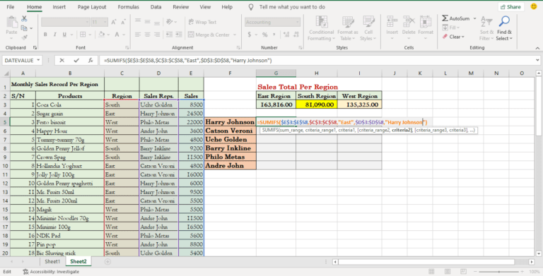 sumifs in excel example