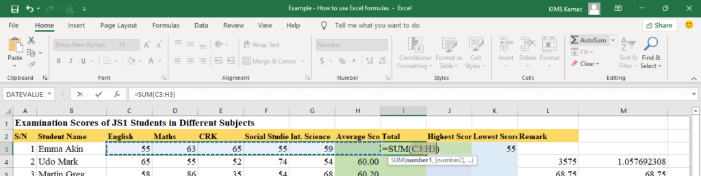 inserting excel formulas