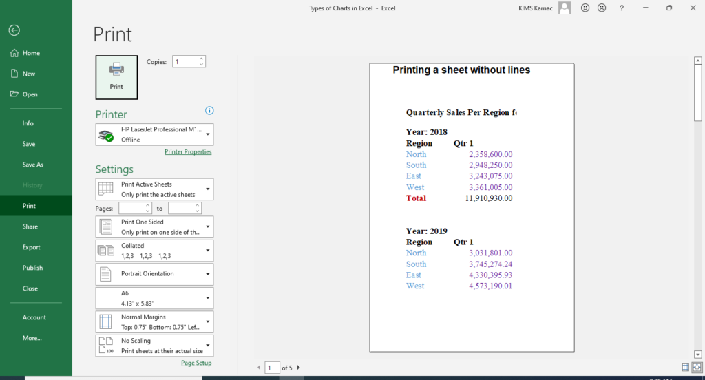 Print excel sheet without lines