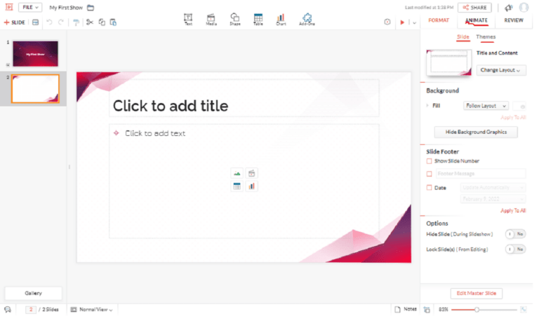 Zoho show presentation app window - create powerpoint presentation