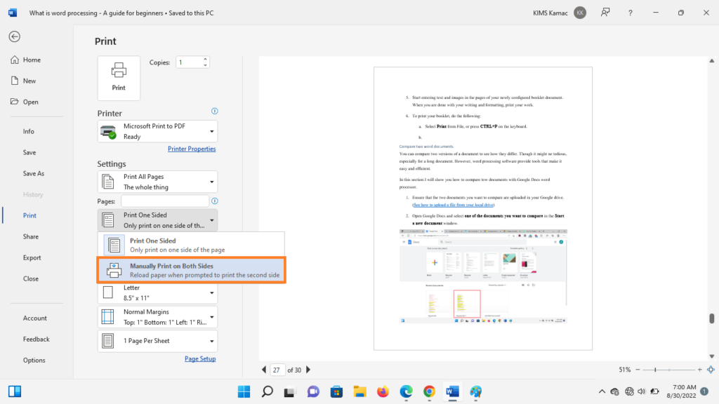 Print a booklet in Word manually