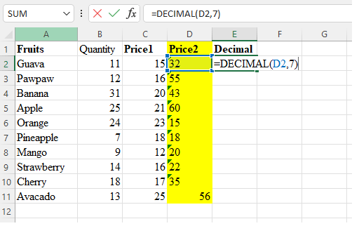 spreadsheet applications - the decimal formula