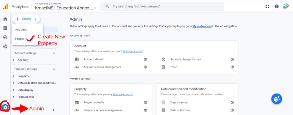 how to create new property for data collection in Google analytics