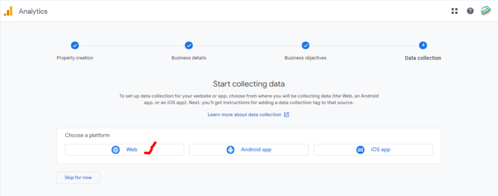 setting up data collection stream in Google analytics