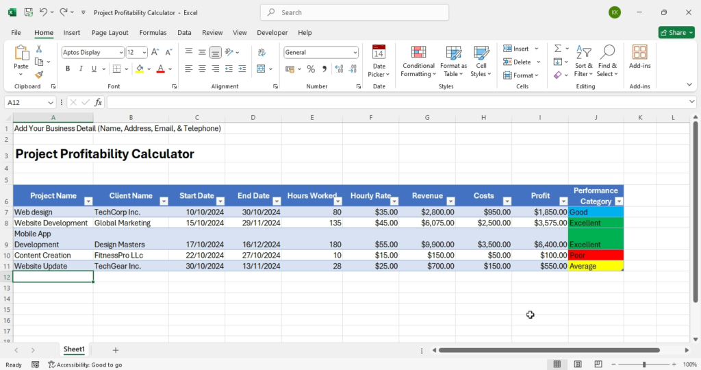 Project Profitability calculator - an excel template for analysing projects