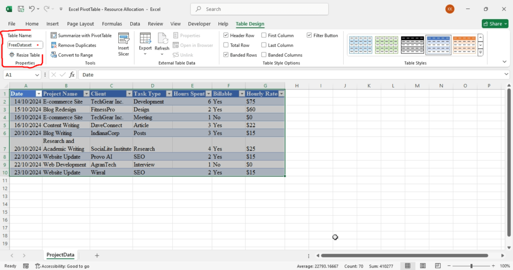 Excel For Freelancers - dataset