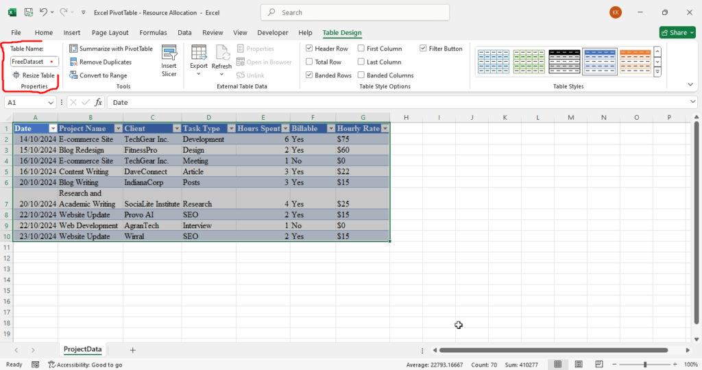 Excel For Freelancers - dataset