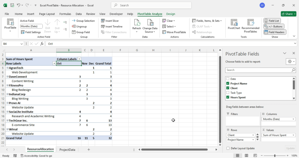 Visualize data using pivottable in excel