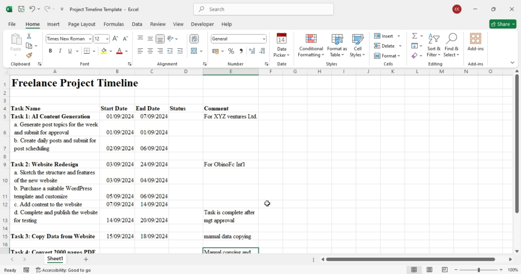 creating a project timeline using Excel