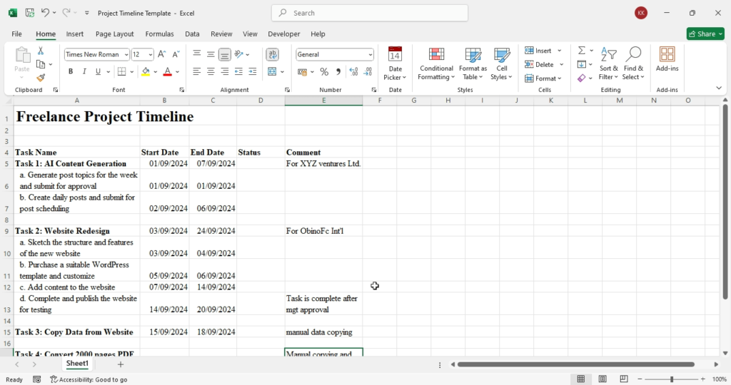 creating a project timeline using Excel