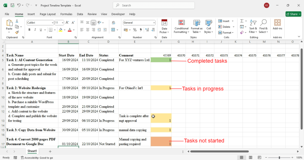 understanding the color formats and their meaning in your project timeline template