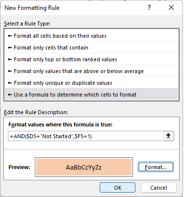 conditional formatting using functions - Excel project timeline