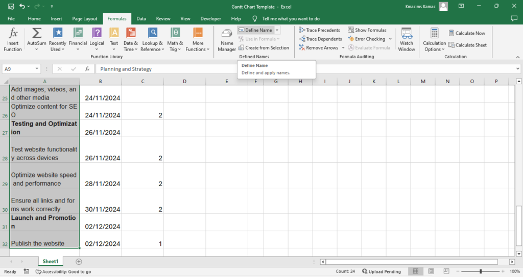 Sample data for gantt chart